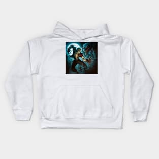 Cartoon image of a vampire vs. a werewolf at full moon. Kids Hoodie